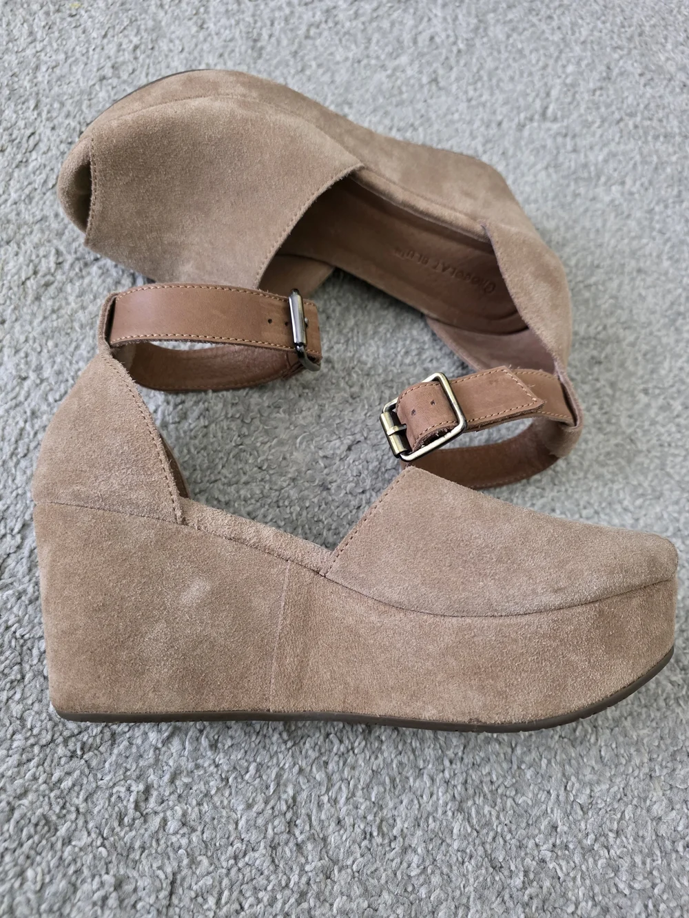 Chocolat Blu Beige Suede Platform Wedge Sandals with Ankle Buckles